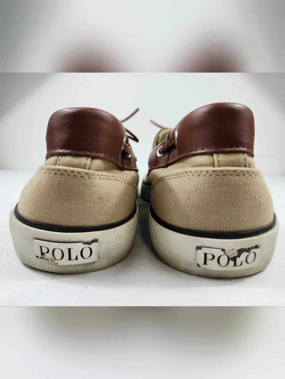 Polo Ralph Lauren Mens 14 D Tan Canvas Boat Shoes with Brown Leather Trim